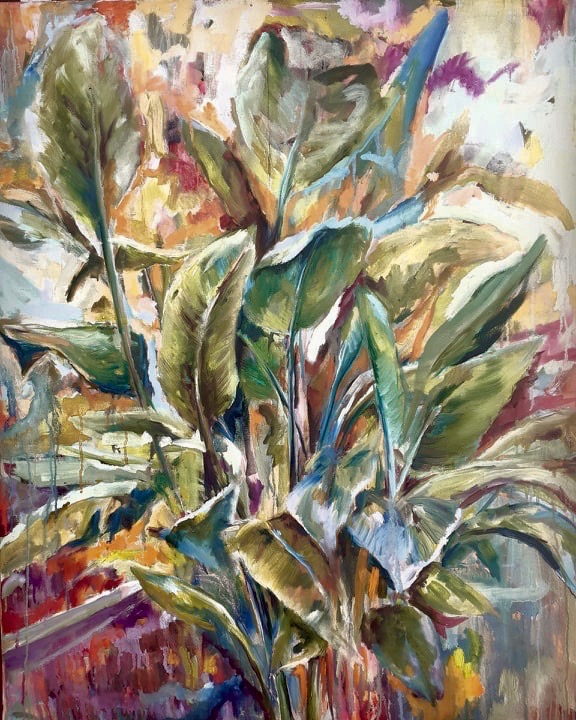 andres.salaz.1The Background of Everything Artist: Andrés Salaz The Background of Everything oil on panel 24 x 30 inches 2019 Nature and big leaves are found everywhere as the scenery ion rural Mexican life. These plants are the constant background of every weird encounter. Here one of these “common” plants becomes the figure of importance. A group of shapes of translucent colour.