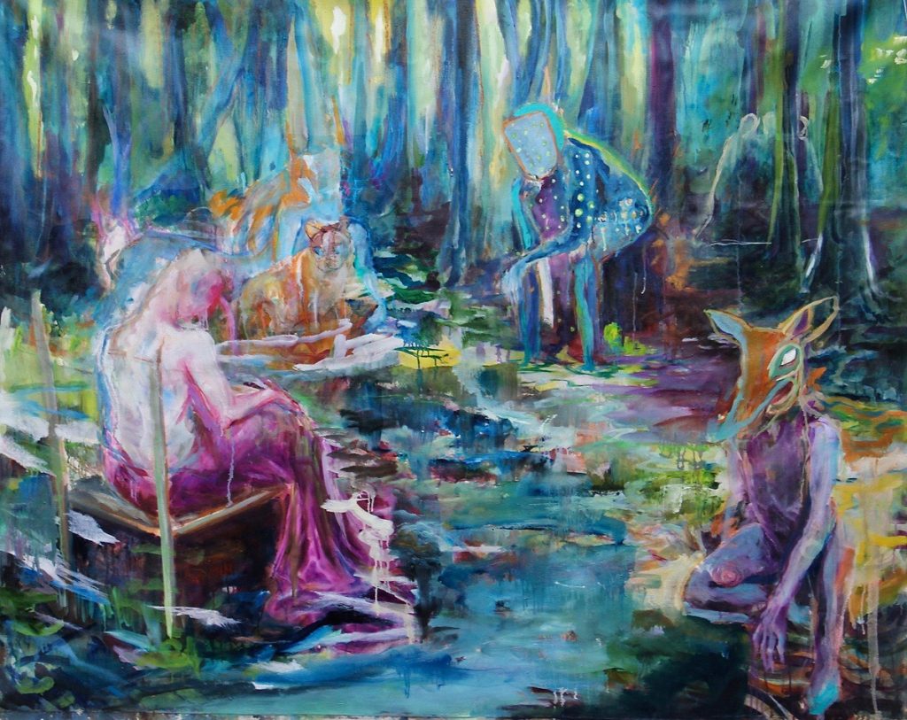 andres.salaz.2Storytelling Artist: Andrés Salaz Storytelling oil on panel 48 x36 inches 2019 The shamanic power of turning into animals always fascinated me. My grandpa from Oaxaca introduced me to these legends and it was easy to believe such beings existing in remote areas hiding in the tricky moonlight. When these creatures weren’t protecting someone or creating chaos somewhere, they gather to transmit their encounters and celebrate under the moon-lit trees and clouds.