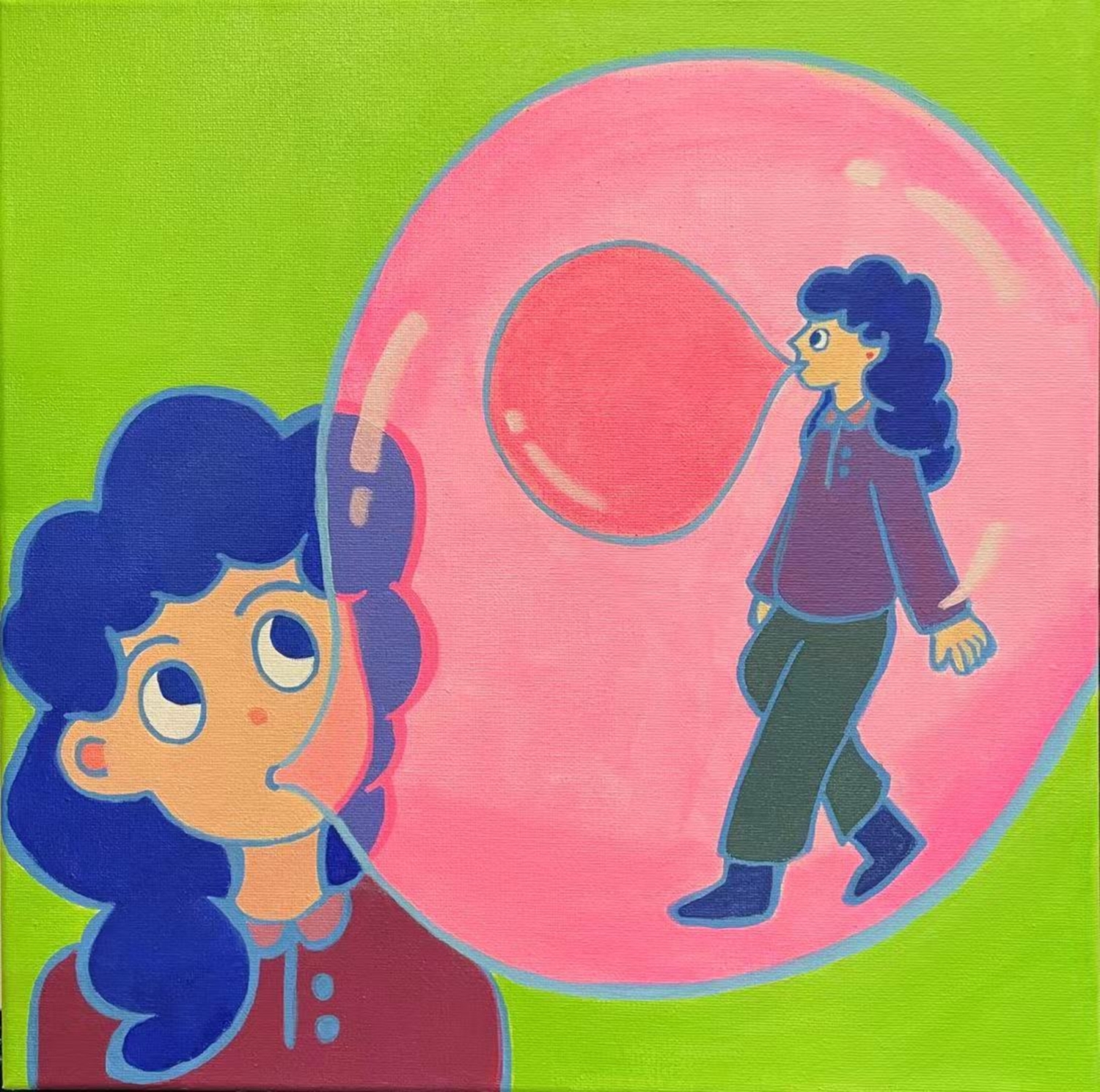 Alice Cao, Can You Blow a Double Bubble? Acrylic on canvas 14 x 14 inches 2023