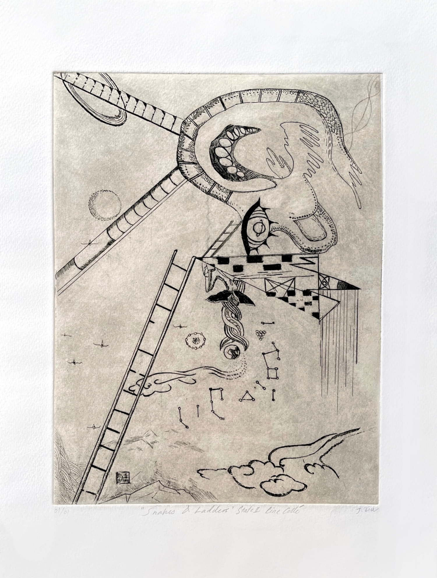 Jia Liu, Celestial Ladder (天梯), Edition:1/1 (unique) 孤版, etching on paper 42.5 x 32.5cm 2017
