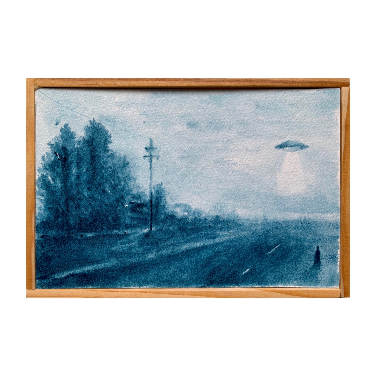 Jia Liu, Encounter: UFO Series, monochrome watercolor on paper, hand framed and mounted on wood boards, 15 x 22cm each 2021 The purpose of exploring alien life is not to solely prove their existence, but also eagerly looking forward to a zero-distance contact with them, even if deep down we are terrified with the fear of the unknown. The contradictory psychology of curiosity and fear indicates mankind’s eternal pursuit of truth. I believe that aliens have visited the Earth and will be in the future, and probably they are among us right now. Therefore they are called Visitors, or the travelers of space-time. And one day we will also become visitors.