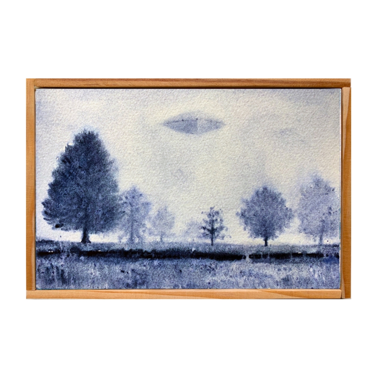 Jia Liu, Encounter: UFO Series, monochrome watercolor on paper, hand framed and mounted on wood boards, 15 x 22cm each 2021 The purpose of exploring alien life is not to solely prove their existence, but also eagerly looking forward to a zero-distance contact with them, even if deep down we are terrified with the fear of the unknown. The contradictory psychology of curiosity and fear indicates mankind’s eternal pursuit of truth. I believe that aliens have visited the Earth and will be in the future, and probably they are among us right now. Therefore they are called Visitors, or the travelers of space-time. And one day we will also become visitors.