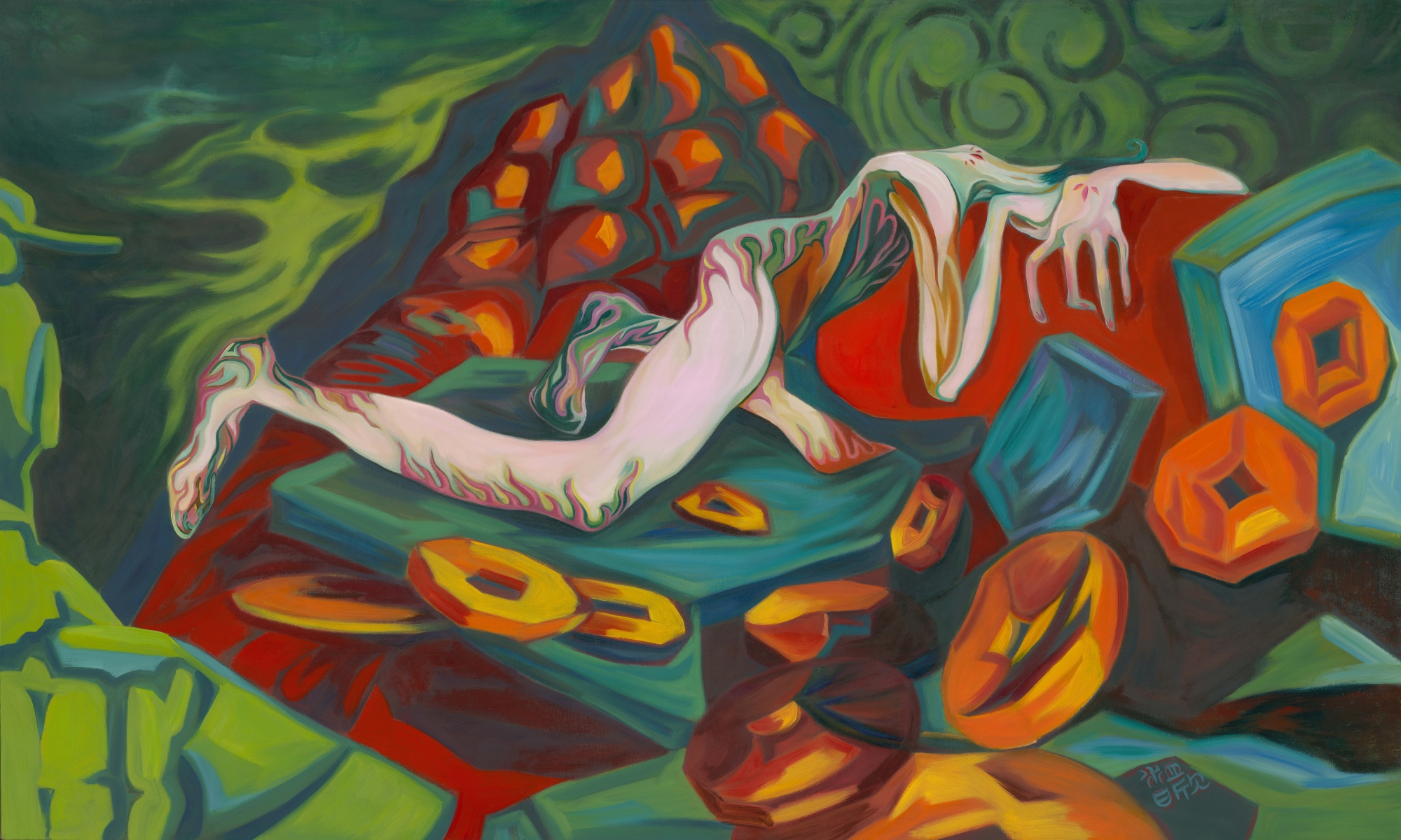 Xin Wen, Started as A Deity 出身为神, oil on linen, 36 x 60 inches 2022-2023
